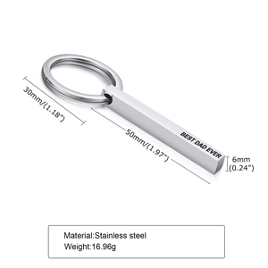 Detail of silver stainless steel square keychain engraved with BEST DAD EVER text