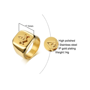 Detail showing the 17.5mm gold plated Freemason square and compass emblem on ring