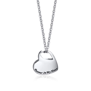 Polished heart cremation pendant with Forever In My Heart engraving on silver chain