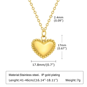 IP gold plated stainless steel heart necklace with embossed beads and 41-46cm adjustable chain