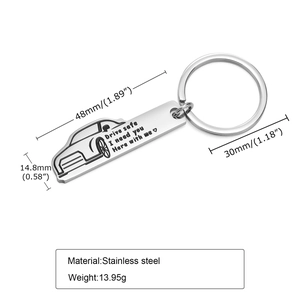 Detailed size specifications for stainless steel car keychain with drive safe engraving