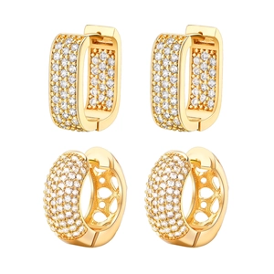 Golden geometric hoop earring set with sparkling white zircon stones in micro-inset style