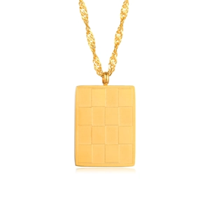 Gold stainless steel checkerboard rectangle pendant necklace with wave chain