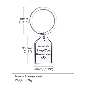 Detailed dimensions of stainless steel keychain with laser-engraved quote on tag