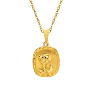 Collana vintage in acciaio inossidabile dorato con ciondolo ovale rosa a rilievo e catena O