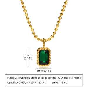 Gold-plated stainless steel necklace with rectangular emerald green cubic zirconia pendant