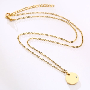 Gold stainless steel round pendant necklace with white zircon and adjustable lobster clasp