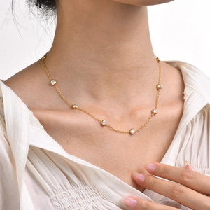 Elegant gold titanium steel choker necklace featuring multiple round white zircon stones