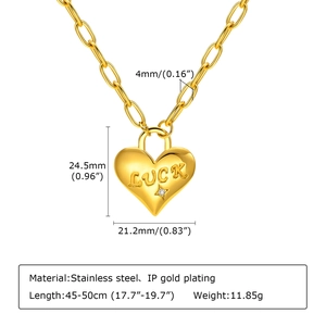 Gold stainless steel heart pendant necklace with LUCK engraving and small zircon detail