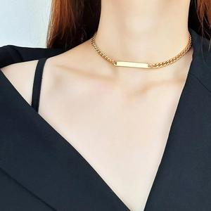 Minimalist 18K gold plated stainless steel curb chain necklace with a bar pendant