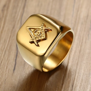 Gold Masonic square and compass signet ring for men in durable stainless steel