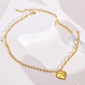 Stainless Steel Heart Pendant Necklace For Women LUCK Letter Engraved Rhinestone Paperclip Chain Fashion Jewelry Gift