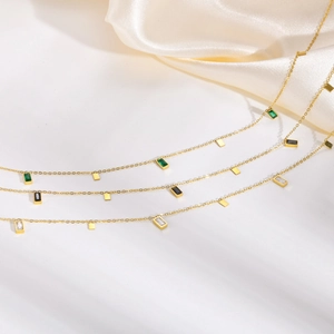 Minimalist gold stainless steel necklaces with green and black rectangular zircon stones