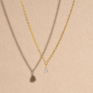 Vue détaillée du collier en acier doré avec pendentif goutte en zircone transparente