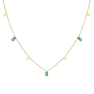 Gold stainless steel necklace with green zircon rectangles and hanging metal plates