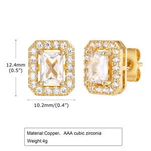 Elegant 15K gold copper square stud earrings with AAA cubic zirconia halo and dimensions