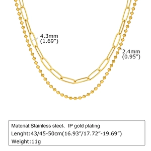 Collier double rang en acier inoxydable doré avec maille trombone et chaîne à boules