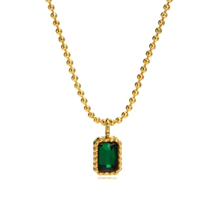 Gold beaded chain necklace featuring a rectangular emerald green zircon pendant on white background