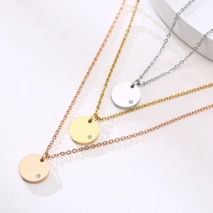 Minimalist Stainless Steel Round Pendant Necklace For Women Gold Silver Plated Rhinestone Inlaid Adjustable Chain Fashion Jewelry Gift