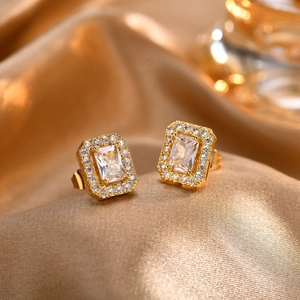 Luxury Stainless Steel Square Rhinestone Stud Earrings For Women Gold Plated Geometric Halo Fashion Jewelry Accessory Gift
