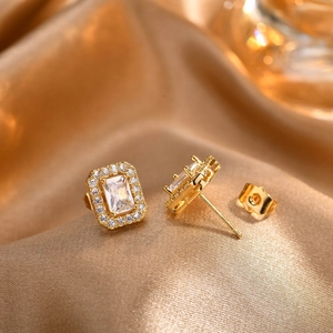 Elegant 15K gold plated square zircon stud earrings with classic halo setting for women