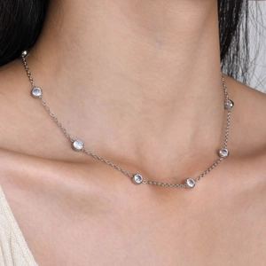 Titanium steel choker with round cubic zirconia settings on minimalist silver chain