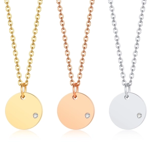 Polished stainless steel round pendant necklaces with zircon in gold, rose gold and silver