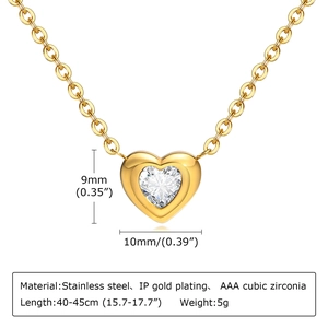 Detailed size and material guide for gold heart necklace with AAA cubic zirconia