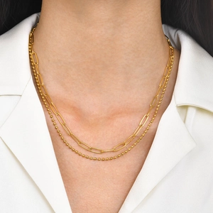 Collier double rang à maillons trombone et billes dorées en acier inoxydable poli