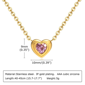 Detailed view of the heart pendant necklace with pink cubic zirconia and gold-plated chain