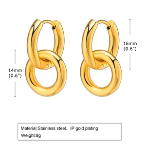 Modern double loop interlocking stainless steel earrings with IP gold plating for women