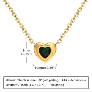Gold plated stainless steel heart necklace with green heart zirconia and specifications