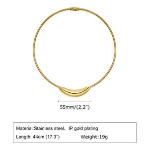 Gold stainless steel collar necklace with a curved tube pendant and snake chain