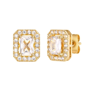 Elegant 15K gold square stud earrings with emerald cut zircon and micro-pave halo stones