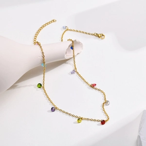 Collier en acier inoxydable doré avec pendentifs en zircons colorés et brillants