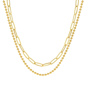 Collier double rang en acier inoxydable doré avec maillons trombone et boules