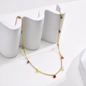 Collier pour femme en acier inoxydable plaqué or 18K avec pendentifs cœurs en zircon coloré