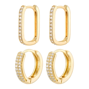 18K gold hoop earrings set with zircon stones in geometric and oval shapes