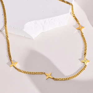 Polished gold stainless steel necklace featuring four star pendants with zircon centers