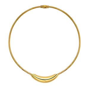 Golden stainless steel choker with curved crescent pendant and omega chain link