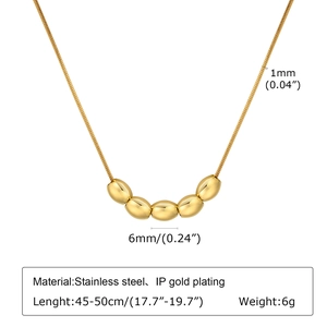Gold stainless steel snake chain necklace with five 6mm beads and IP plating