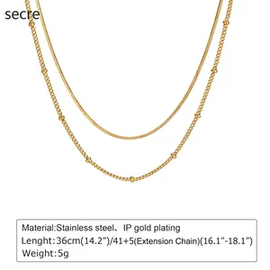 Golden double-layer stainless steel snake and bead chain necklace for women