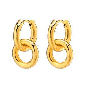 Polished gold double hoop earrings made of stainless steel with a sleek stacked design