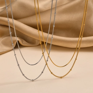 Minimalist Double Layer Stainless Steel Necklace For Women Gold Silver Snake Chain Bead Chain Statement Fashion Jewelry