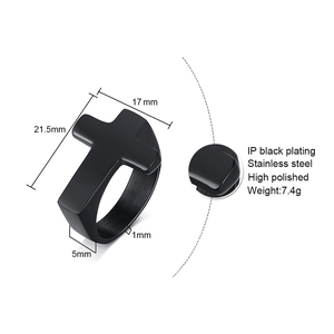 Macro view of black IP plated stainless steel cross ring with specific size dimensions