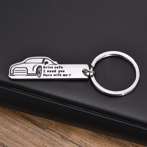 Drive safe car shaped stainless steel keychain with engraved emotional quote and key ring
