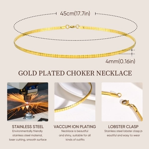 Detail view of 4mm wide gold flat snake chain choker with lobster clasp and measurements