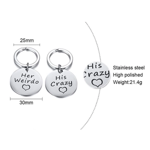 Custom stainless steel couple keychain set with Her Weirdo and His Crazy engraving