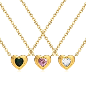 Three heart-shaped gold necklaces with green, pink, and white zircon gemstones set on fine chains