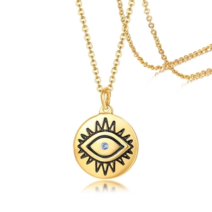 Collier Pendentif Disque Rond Mauvais Œil en Acier Inoxydable pour Femme Bijoux Plaqués Or avec Zirconia Incrusté Cadeau